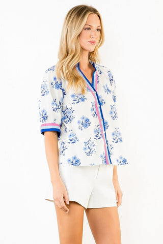 THML Tops - Blouse Button Down Blue Floral Print Top