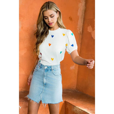 THML Tops - Blouse Embroidered Heart Short Sleeve Top