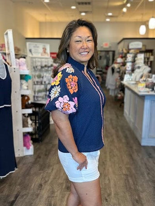 THML Tops - Blouse Floral Embroidery Puff Sleeve Textured Top