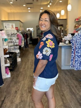 THML Tops - Blouse Floral Embroidery Puff Sleeve Textured Top