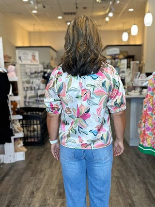 THML Tops - Blouse Floral Satin Short Sleeve Top w/Contrast Bands