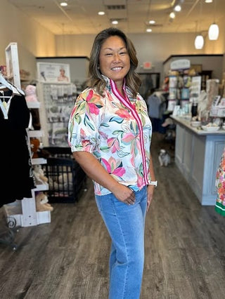 THML Tops - Blouse Floral Satin Short Sleeve Top w/Contrast Bands