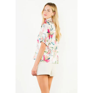 THML Tops - Blouse Floral Satin Short Sleeve Top w/Contrast Bands