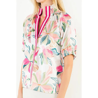 THML Tops - Blouse Floral Satin Short Sleeve Top w/Contrast Bands