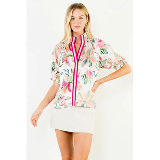 THML Tops - Blouse Floral Satin Short Sleeve Top w/Contrast Bands