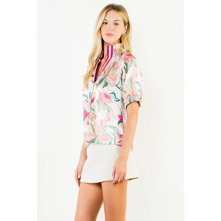 THML Tops - Blouse Floral Satin Short Sleeve Top w/Contrast Bands