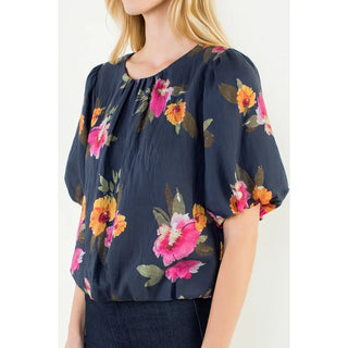 THML Tops - Blouse Flowy Navy Floral Bubble Hem Top