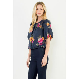 THML Tops - Blouse Flowy Navy Floral Bubble Hem Top