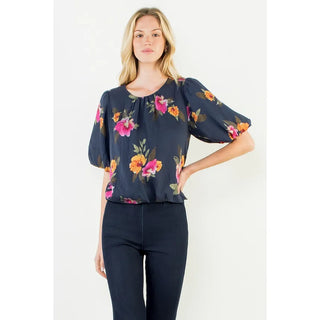 THML Tops - Blouse Flowy Navy Floral Bubble Hem Top