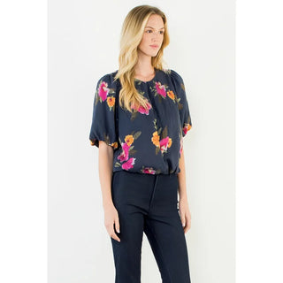 THML Tops - Blouse Flowy Navy Floral Bubble Hem Top