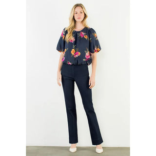 THML Tops - Blouse Flowy Navy Floral Bubble Hem Top