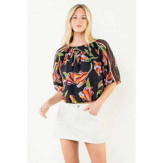 THML Tops - Blouse Puff Sleeve Floral Blouse Bubble Hem