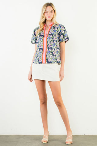 THML Tops - Blouse Puff Sleeve Floral Print V-Neck Top