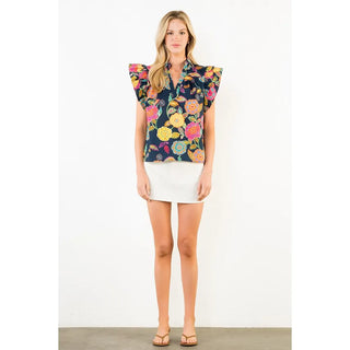 THML Tops - Blouse Ruffle Sleeves Floral Print Top