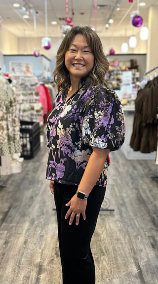 THML Tops - Blouse Sale Puff Sleeve V-Neck Velvet Detail Top