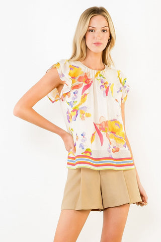 THML Tops - Blouse Short Ruffled Sleeve Floral Top