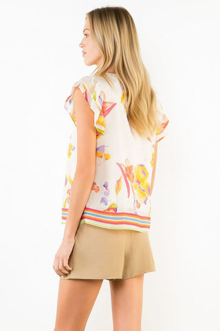 THML Tops - Blouse Short Ruffled Sleeve Floral Top