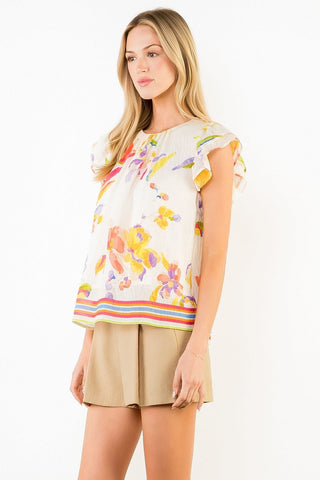 THML Tops - Blouse Short Ruffled Sleeve Floral Top