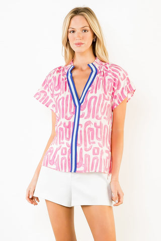 THML Tops - Blouse Short Sleeve Pattern Top w/Accent Color Trim