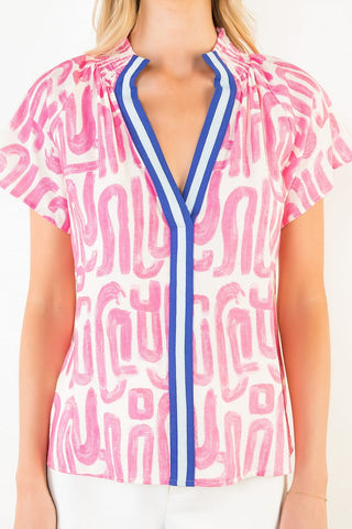 THML Tops - Blouse Short Sleeve Pattern Top w/Accent Color Trim