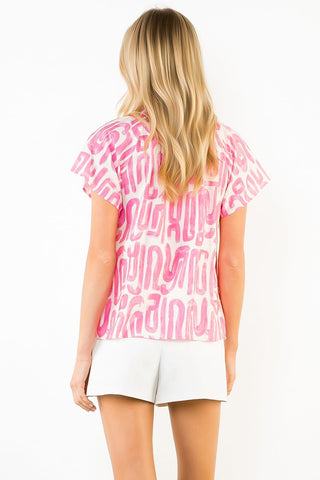 THML Tops - Blouse Short Sleeve Pattern Top w/Accent Color Trim
