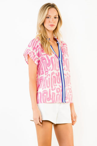 THML Tops - Blouse Short Sleeve Pattern Top w/Accent Color Trim