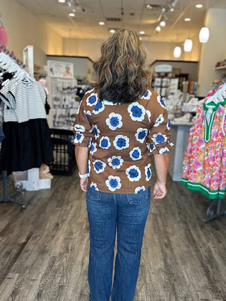 THML Tops - Blouse V-Neck Floral Mesh Sleeve Top