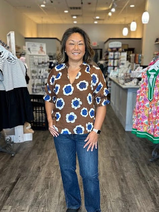 THML Tops - Blouse V-Neck Floral Mesh Sleeve Top