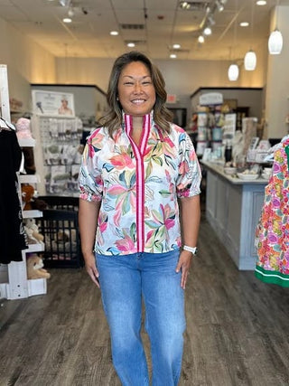 THML Tops - Blouse Xsm Floral Satin Short Sleeve Top w/Contrast Bands