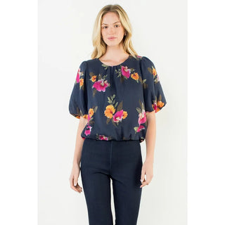 THML Tops - Blouse Xsm Flowy Navy Floral Bubble Hem Top
