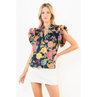THML Tops - Blouse Xsm Ruffle Sleeves Floral Print Top