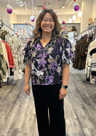 THML Tops - Blouse Xsm Sale Puff Sleeve V-Neck Velvet Detail Top