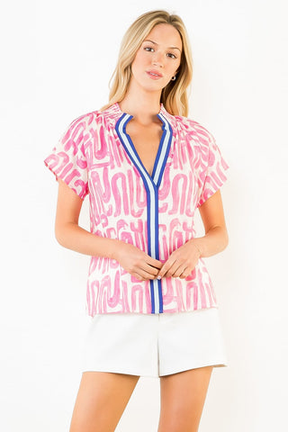 THML Tops - Blouse Xsm Short Sleeve Pattern Top w/Accent Color Trim