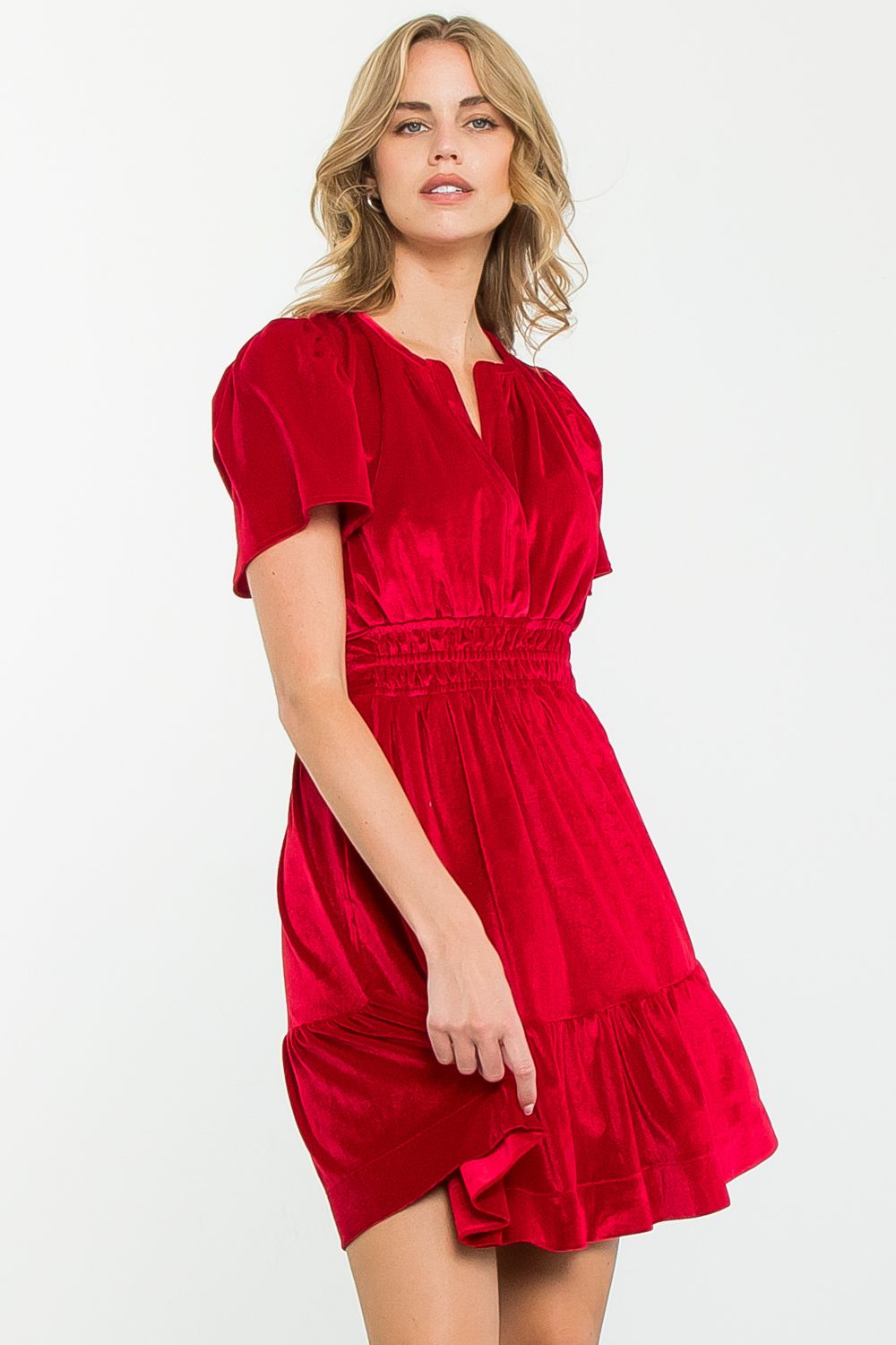 Sale Short Sleeve Velvet Flutter Dress