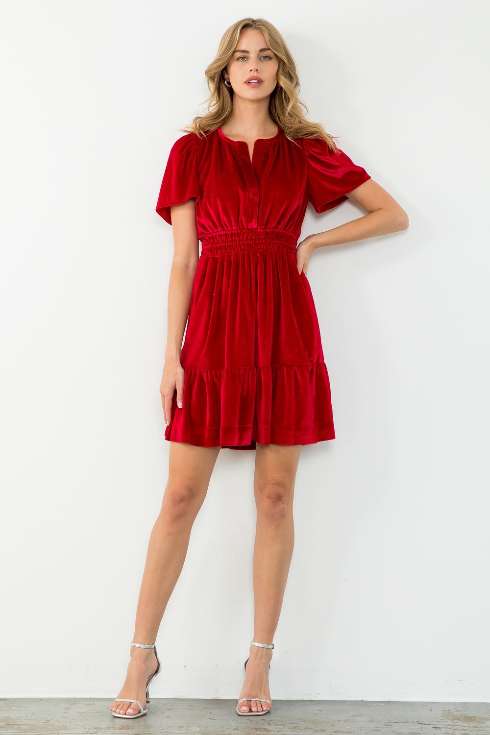 Sale Short Sleeve Velvet Flutter Dress
