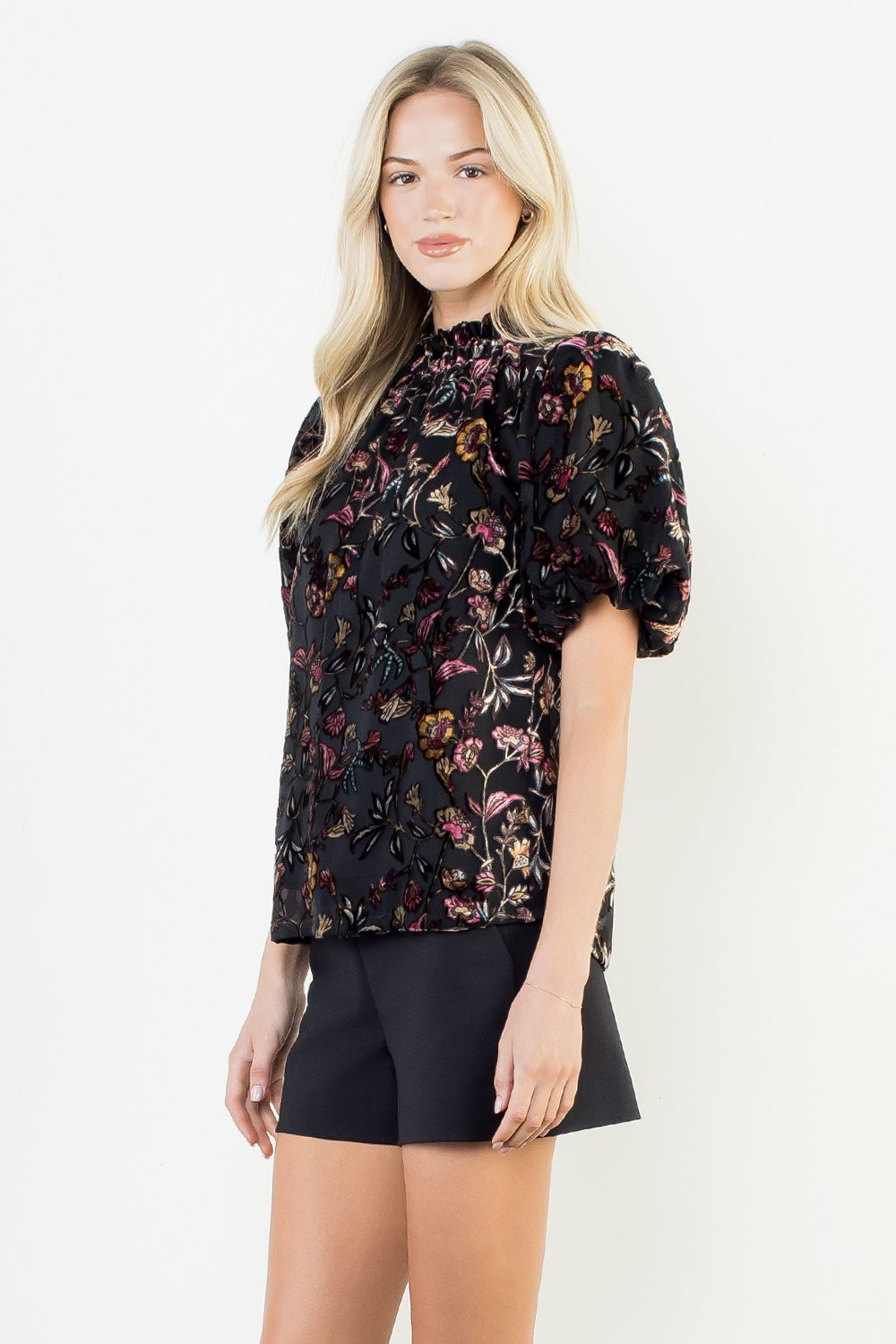 Puff Sleeve Velvet Detail Top