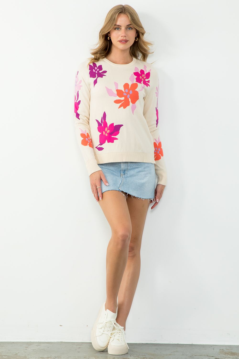 Sale Floral Knit Long Sleeve Sweater