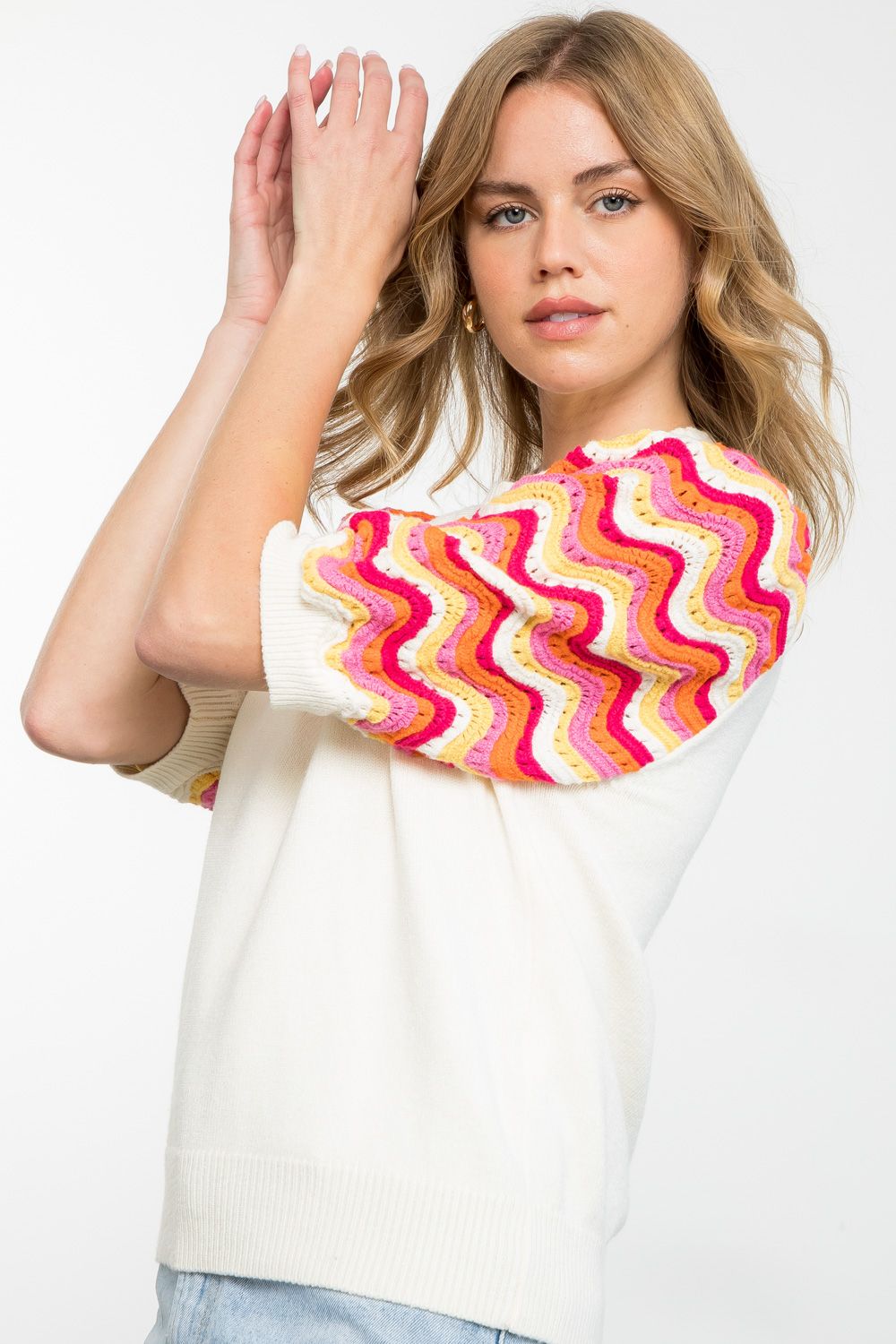 Sale Crochet Short Sleeve Knit Top