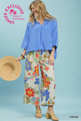 Umgee Bottoms - Pants Floral Print Wide Leg Crop Pant
