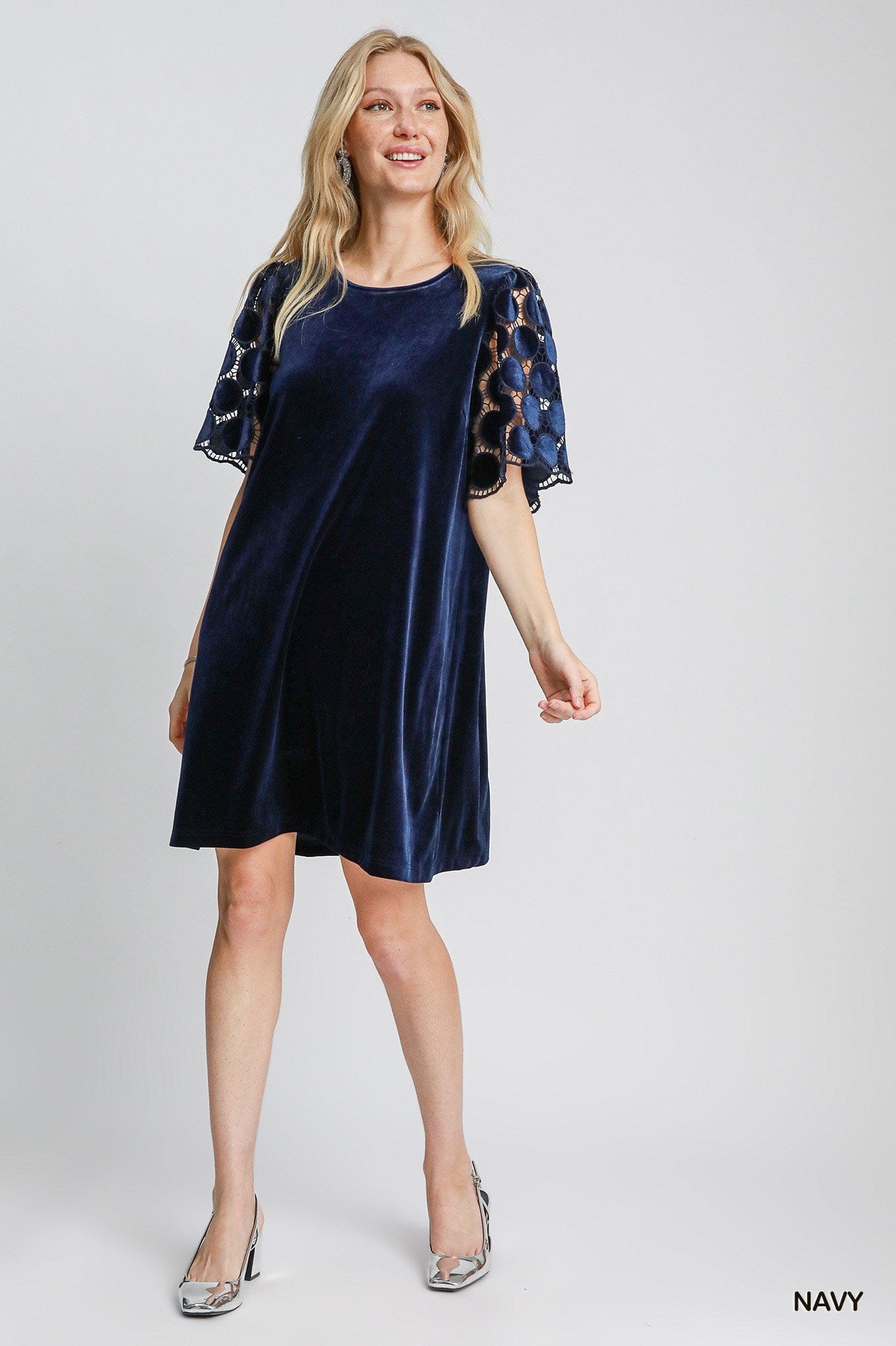 Umgee Dresses Final Sale Dotted Lace Sleeve Velvet Dress