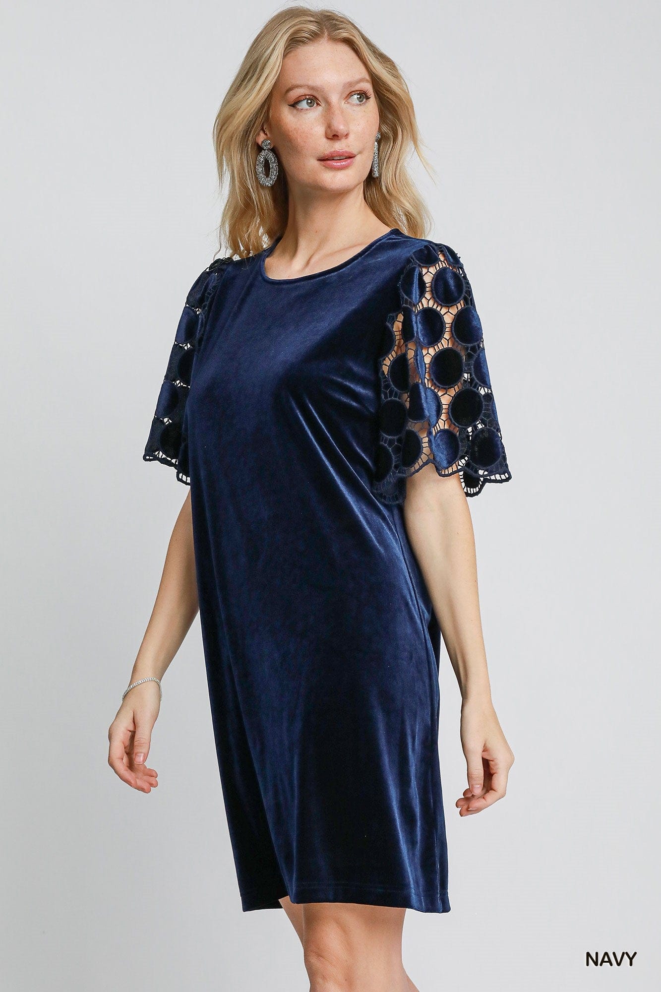 Umgee Dresses Final Sale Dotted Lace Sleeve Velvet Dress