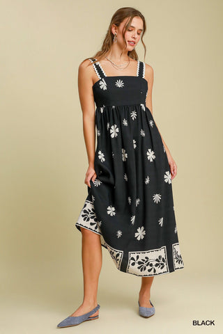 Umgee Dresses Floral Border Print Midi Dress w/Rick Rac Trim