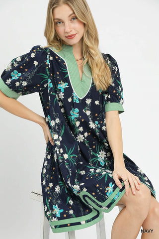Umgee Dresses Floral Puff Sleeve Dress w/Contrast Trim