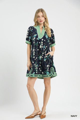 Umgee Dresses Floral Puff Sleeve Dress w/Contrast Trim
