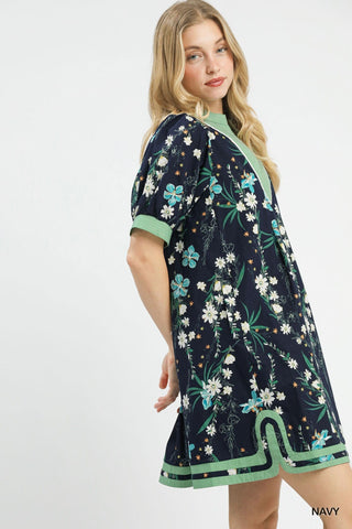 Umgee Dresses Floral Puff Sleeve Dress w/Contrast Trim