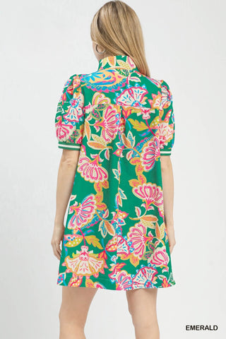 Umgee Dresses Jacquard Paisley Print Puff Sleeve Tunic Dress