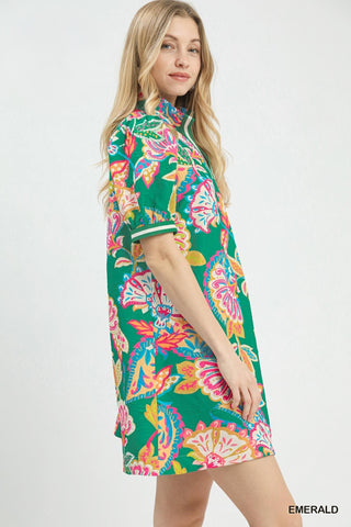 Umgee Dresses Jacquard Paisley Print Puff Sleeve Tunic Dress