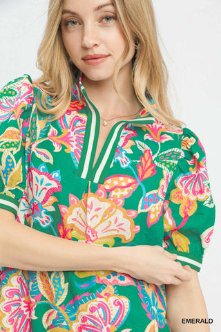 Umgee Dresses Jacquard Paisley Print Puff Sleeve Tunic Dress