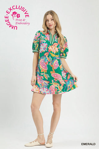 Umgee Dresses Jacquard Paisley Print Puff Sleeve Tunic Dress