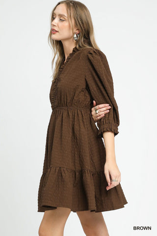 Umgee Dresses Sale Ruffle Trim Textured 3/4 Sleeve Dress